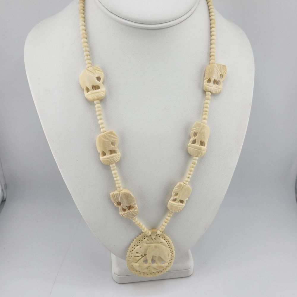 Vintage Hand Carved Bone Elephant‎ Necklace Cream Beaded Pendant Animal Jewelry